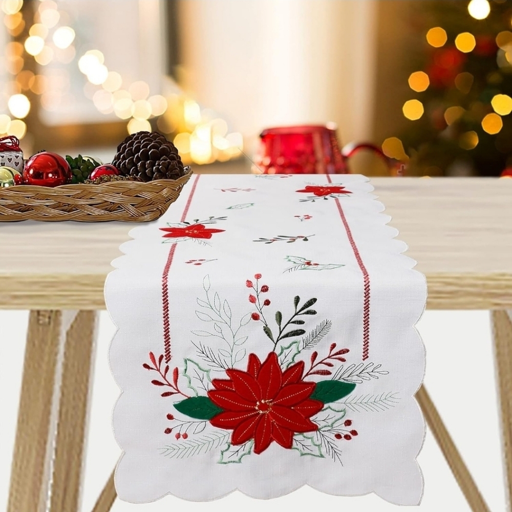 White Christmas Table Runner 70 Inches Long, Embroidered Poinsette Flowers EUC